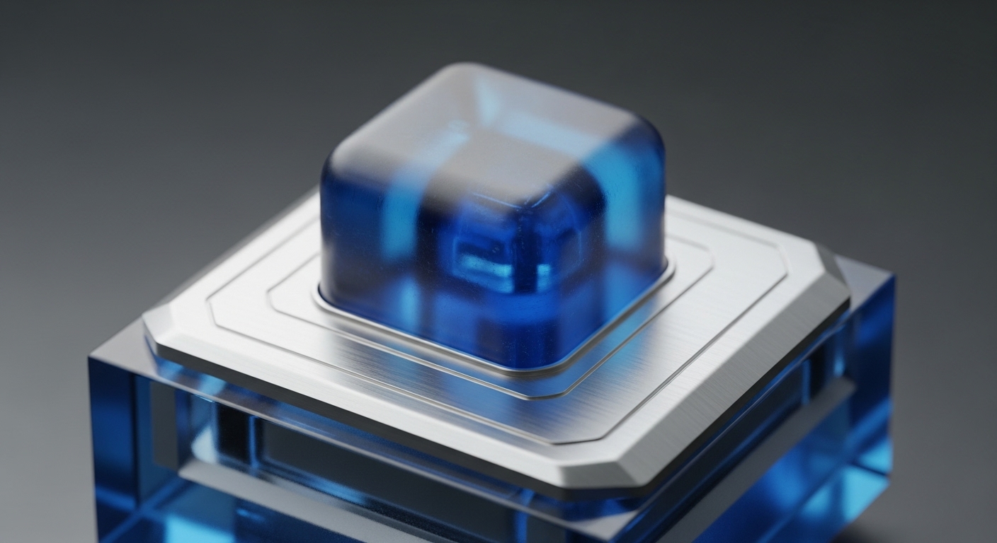 A prominent translucent blue, square-domed button is centered on a brushed metallic, multi-layered square base. This metallic assembly is positioned atop a larger, transparent blue block, revealing intricate internal components and light reflections