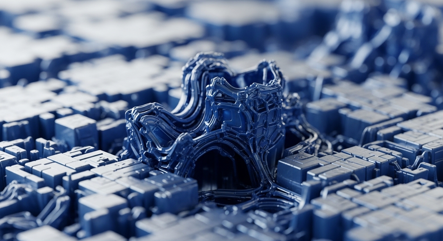 A highly detailed, metallic blue digital infrastructure, resembling a microscopic view of a complex system. A central, intricately structured element, suggestive of a sophisticated smart contract or DeFi protocol, dominates the foreground. This core component exhibits fluid, interconnected pathways, embodying on-chain data flow and cryptographic primitives. Surrounding it is a modular landscape of uniform, block-like structures, representing validator nodes within a distributed ledger technology DLT network. The arrangement signifies a robust blockchain architecture, highlighting network topology and potential scalability solutions for Web3 applications. The shallow depth of field emphasizes intricate hashing algorithms.