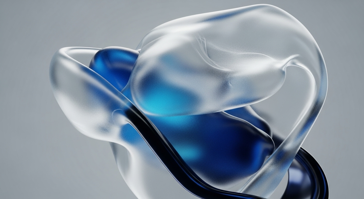 The image displays an intricate arrangement of abstract, flowing shapes, featuring both translucent, frosted white elements and opaque, deep blue forms, all set against a soft, light gray backdrop. These dynamic, interconnected structures create a sense of depth and fluid motion, with light interacting distinctly with the varying opacities