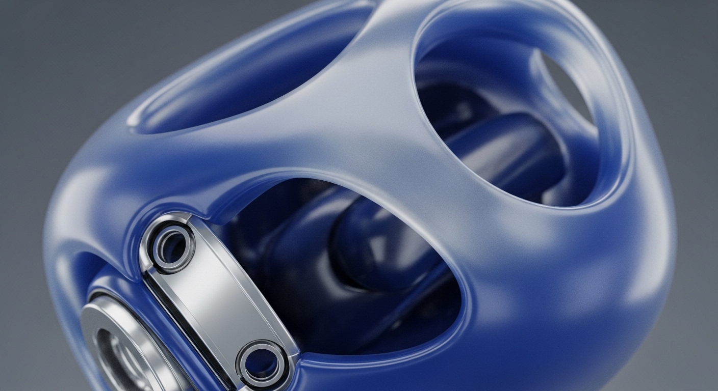 The image presents a sleek, deep blue, semi-translucent object, visually representing a decentralized network topology. Its smooth, interconnected exterior, punctuated by organic voids, suggests node interoperability within a distributed ledger technology framework. The darker internal structure could symbolize encrypted data or the core protocol layer. A robust metallic component, possibly a hardware security module or validator node element, anchors the structure, emphasizing cryptographic security and network resilience. This abstract form embodies the intricate algorithmic design of Web3 infrastructure, highlighting data integrity and verifiable computation in a blockchain ecosystem.