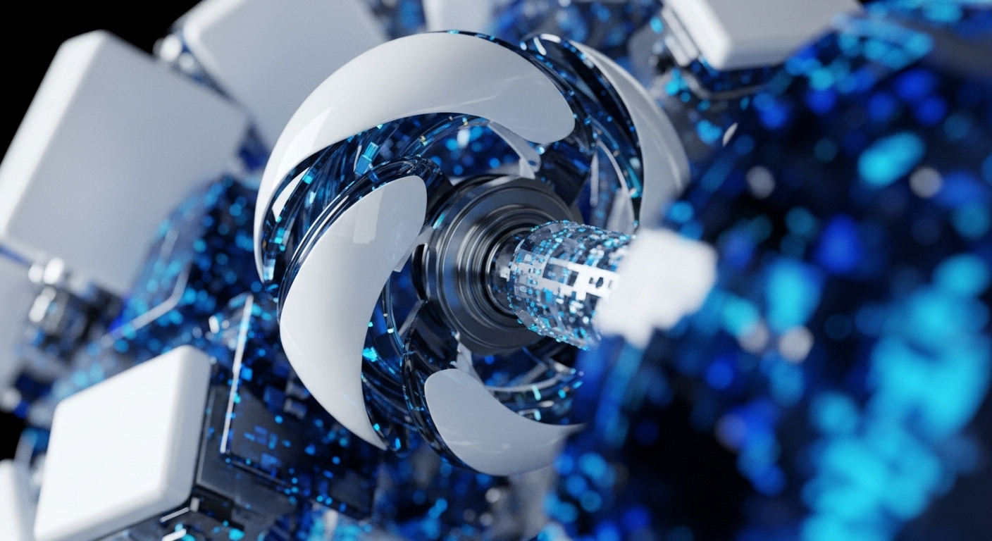 A dynamic, close-up view reveals a sophisticated, white and blue mechanical apparatus, centrally featuring a rotating element. From its core, a vibrant blue stream of digital data particles emanates, extending into a blurred background filled with similar luminous points