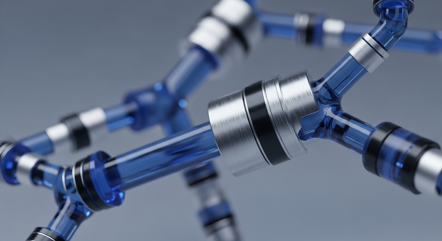 The image displays a close-up of a sophisticated network comprising transparent blue tubes connected by sleek brushed metallic and black fittings, suggesting a system designed for fluid transport or data transfer. This intricate visual metaphor powerfully represents the underlying architecture of a decentralized network, where each connection signifies a critical node facilitating transaction flow