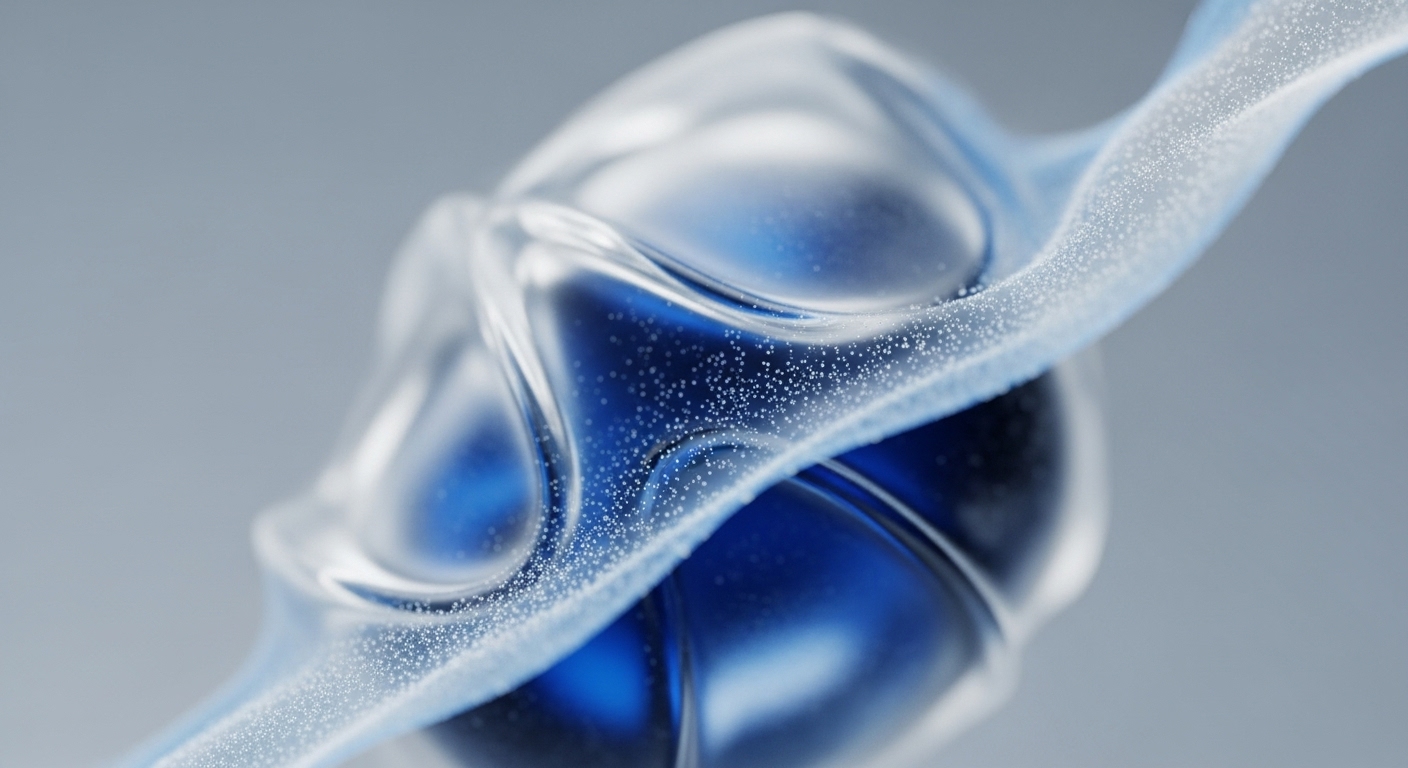 A dark blue digital asset, possibly a wrapped token, partially enveloped by a translucent, light blue protocol layer. This layer exhibits dynamic fluidity, with numerous tiny white data points or transaction particles suspended within its structure. The visual metaphor suggests DeFi interoperability and the intricate mechanics of a liquidity pool. The interaction highlights smart contract execution and the on-chain governance influencing asset encapsulation. This abstract representation underscores the complex blockchain architecture facilitating cross-chain bridging and layer 2 scaling solutions.